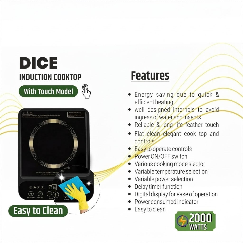 2000 W Induction Cooktop Touch Panel (Black, Dice)
